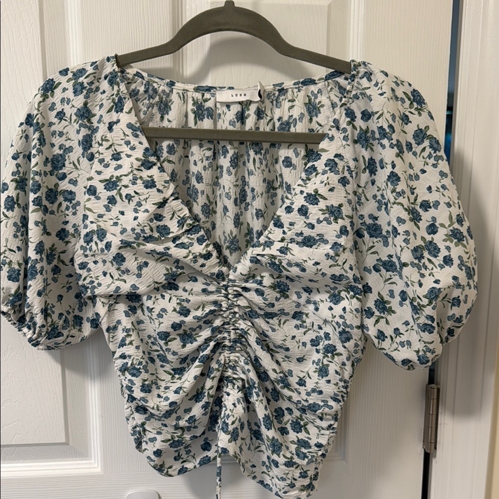 Cropped Ruched Tie Front Blouse